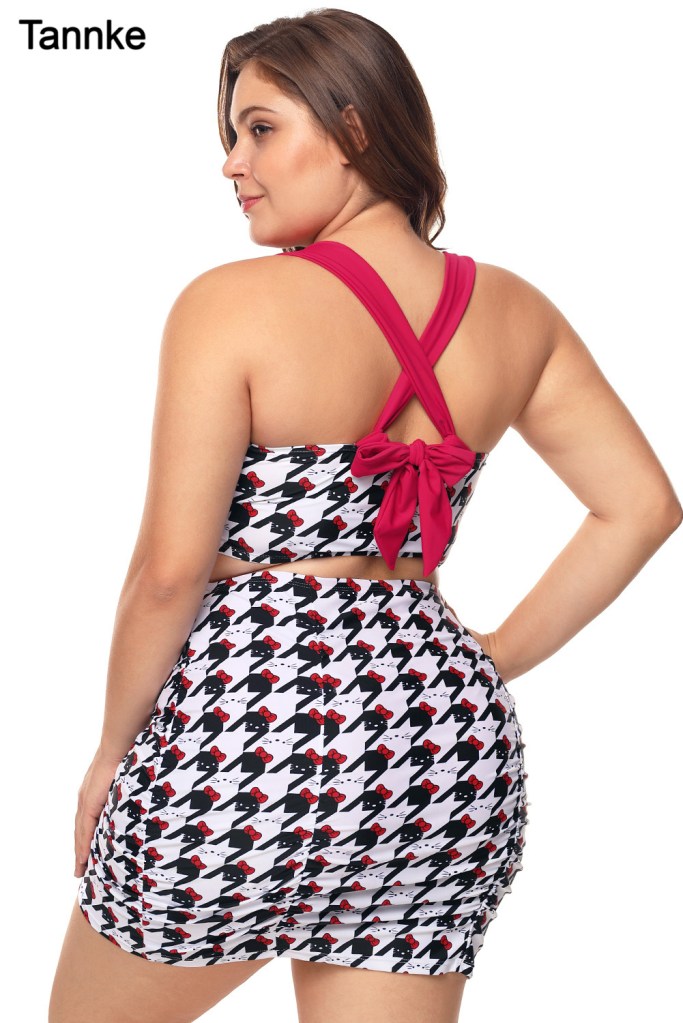 Black White Kitty Print Plus Size Bikini Top with Skirt