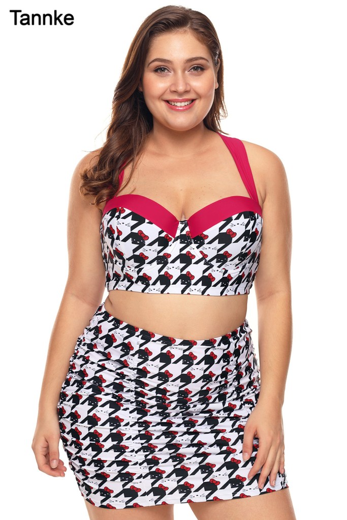 Black White Kitty Print Plus Size Bikini Top with Skirt
