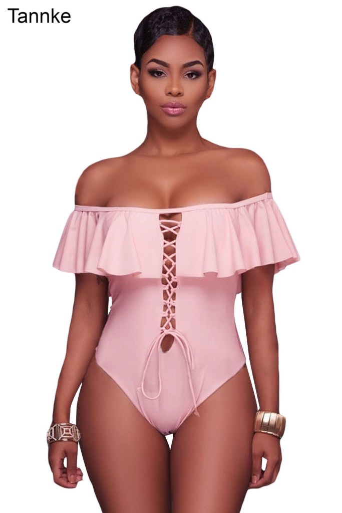 Pink Ruffle Off-The-Shoulder One Piece Swimsuit