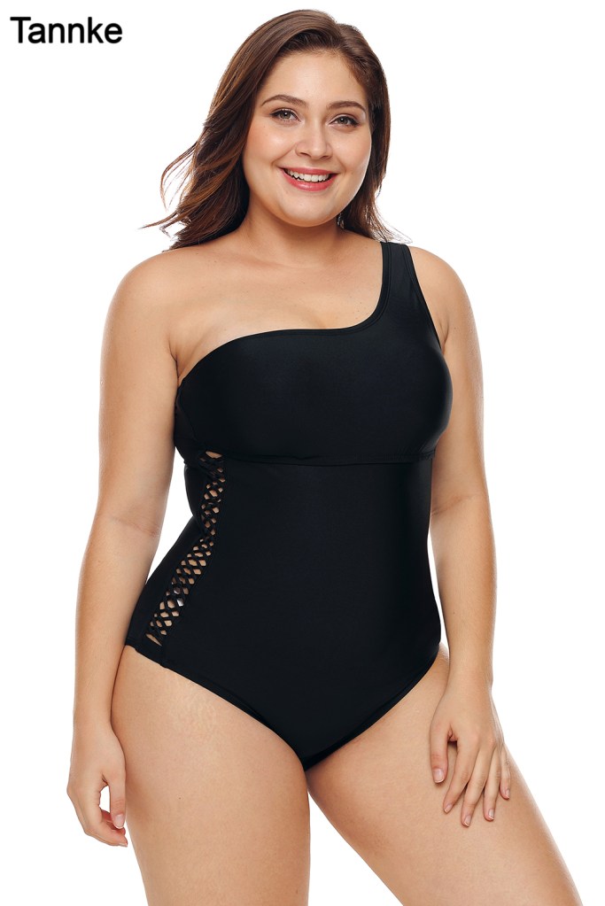One Shoulder Grid Cutout Side Plus Size Maillot Swimwear