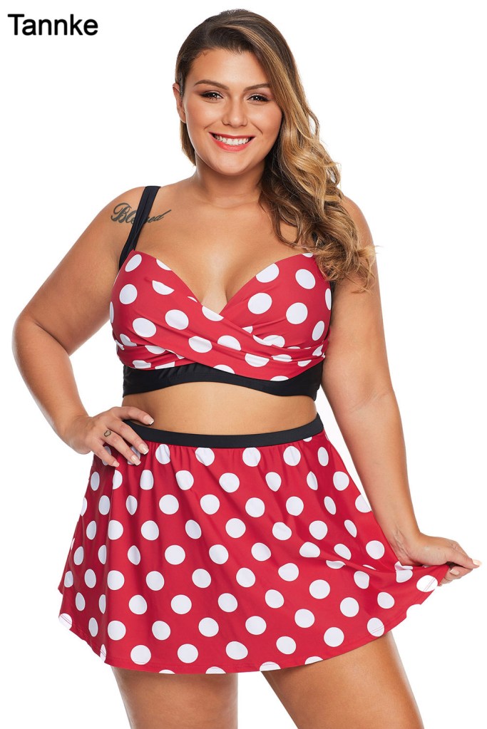 Plus Size Polka Dot White Red Bikini Top with Swim Skirt