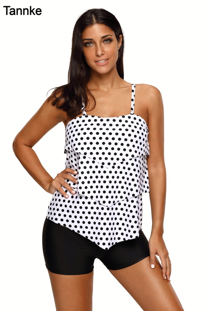 Polka Dot Print Ruffle Layered 2pcs Tankini Set