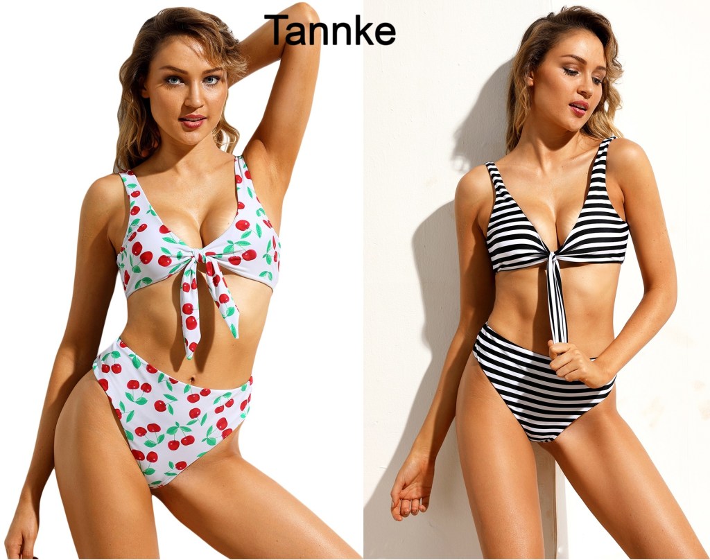 White Cherry Print Tie Front High Waist Bikinis