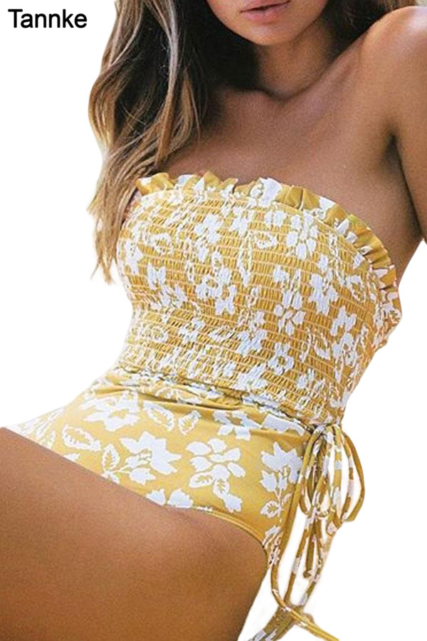 Yellow Fashion Side Tie Flower Print One Piece Swimsuit