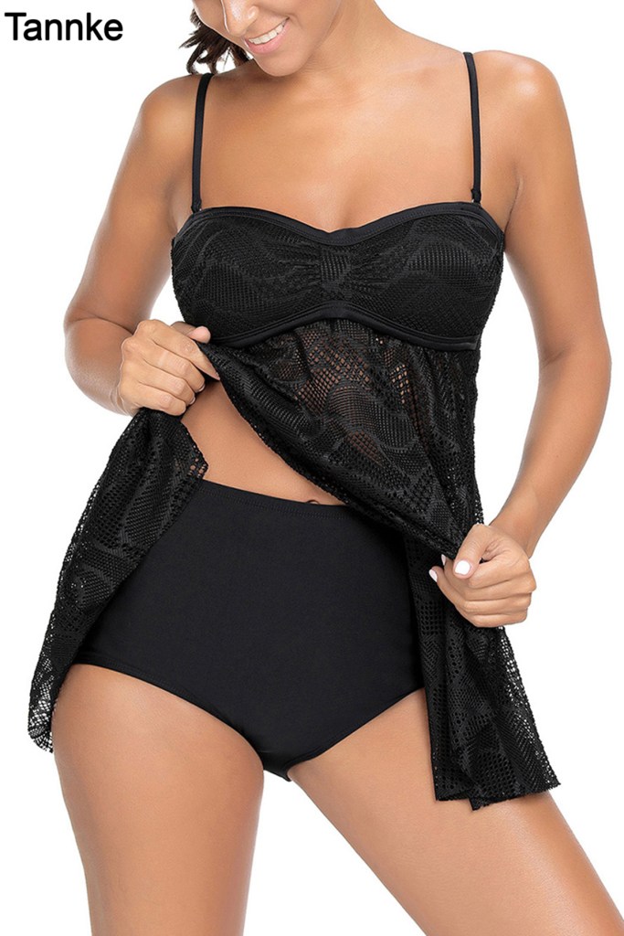 Black Mesh Cutout Strappy Tankini