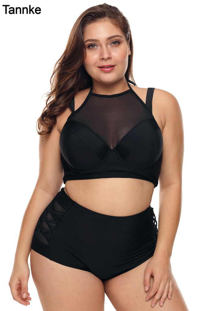 Black Plus Size Halter Push up Lattice Mesh Swim Bikini