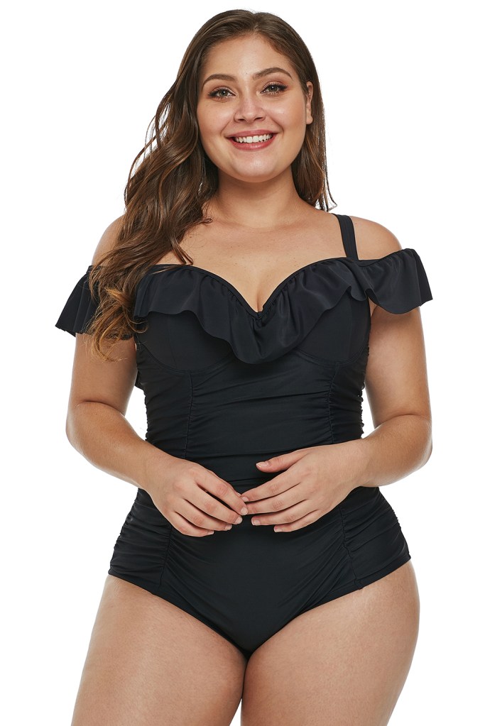 Black Ruched Ruffle Plus Size One Piece Swimsuit