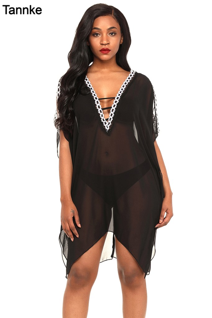 Delicate Embroidery Black Cold Shoulder Sheer Mesh Cover Up