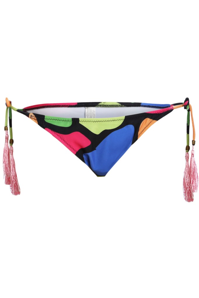 New Colorblock Print Beaded Tassel Tie Bikini Bottom
