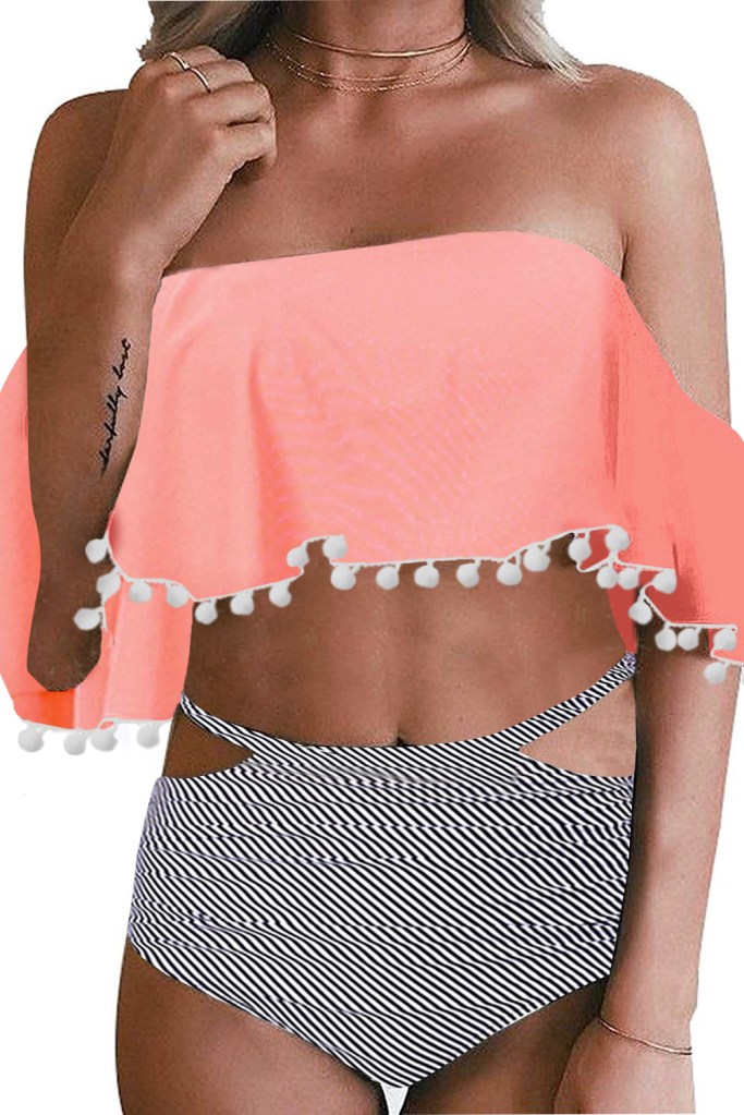 Orange Retro Flounce Tassel Off Shoulder High Waisted Bikini