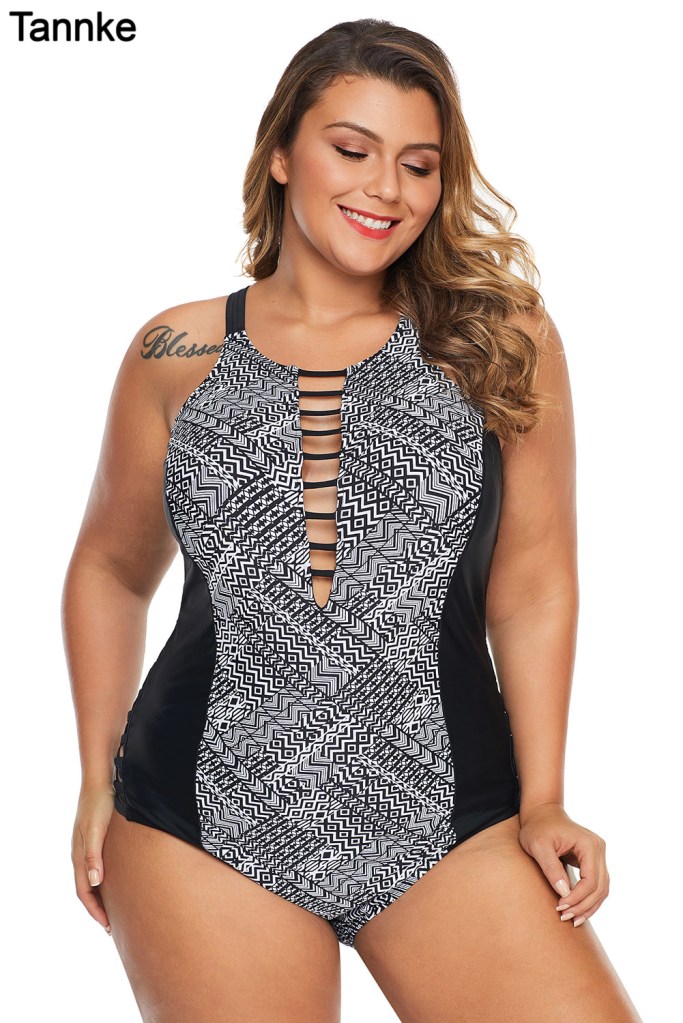 Plus Size Monochrome Print Cutout Maillot