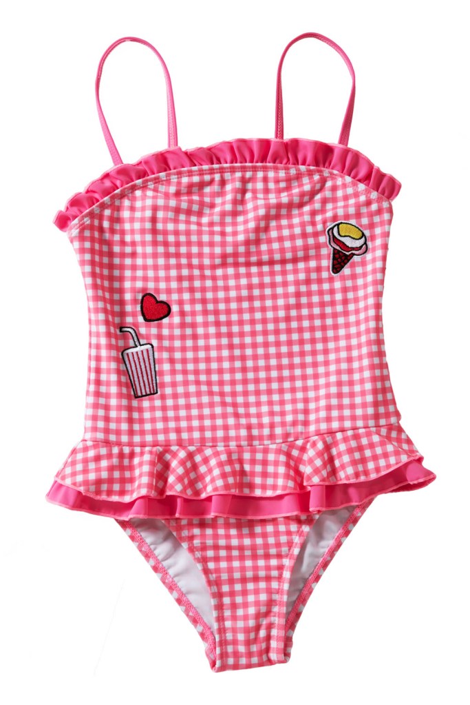 Ruffle Trim Red Plaid Little Girls Swimsuit