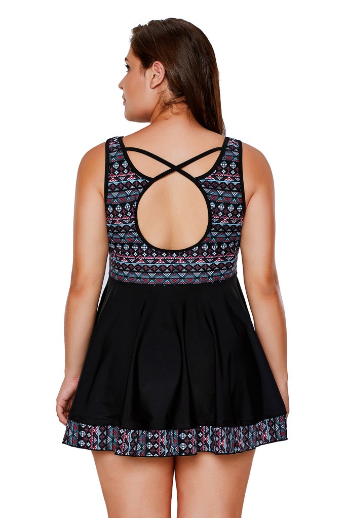 Black Tribal Print Accent Swimdress and Short Set