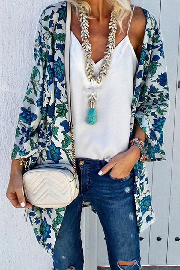 White Floral Print Loose Kimono Cardigan Cape