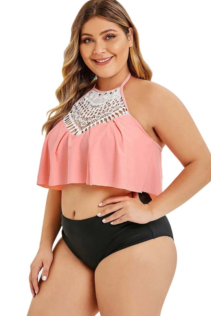Pink Halter Crochet Panel Overlay Plus Size Tankini Set