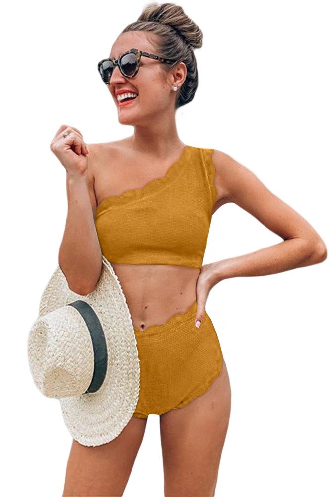 Yellow High Waist Scalloped Trim One Shoulder Bikini